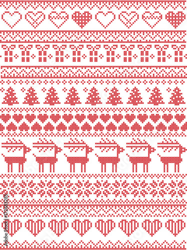 Scandinavian,  Nordic style winter stitching Christmas seamless pattern, withsnowflakes, hearts, Christmas present, snow, star, Christmas tree, reindeer and  decorative ornaments in red, white 
