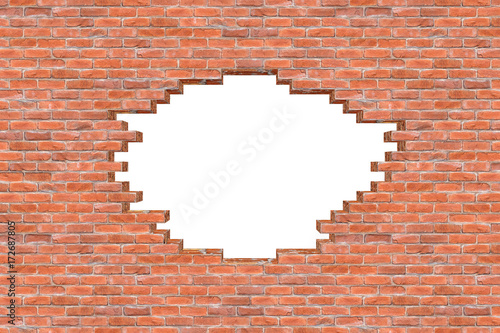 hole in classic red brickwall brick stone wall texture isolated white background   Loch in ziegelmauer rot Textur hintergrund isoliert