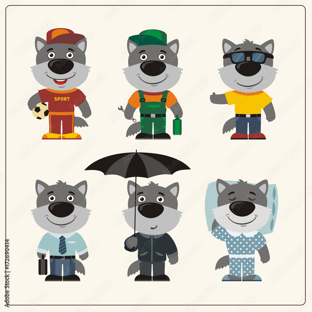 Obraz premium Set funny wolf in different clothing: sportsman, worker, manager, summer, autumn, sleepwear. Collection isolated Wolf in clothing in cartoon style.