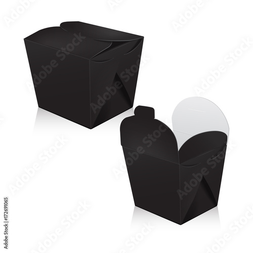 Set of black blank wok box mockup. Vector 3d packaging. Carton box for asian or chinese take away food paper bag