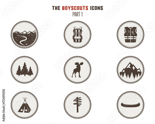 Boy scouts icons, patches. Camping stickers. Tent, moose, backpack, canoe and others. Stock vector illustration isolated on white background. Part 1