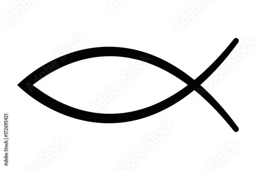 Sign of the fish, a symbol of Christian art, also known as Jesus fish. Symbol consisting of two intersecting arcs. Also called ichthys or ichthus, the Greek word for fish. Black illustration. Vector.