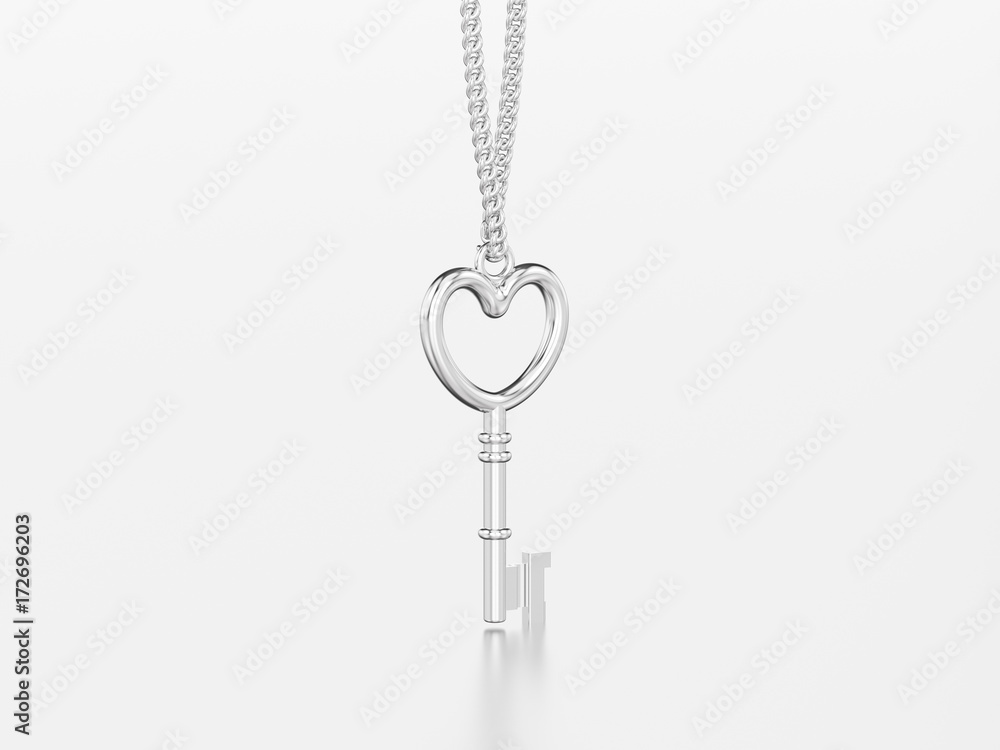 3D illustration white gold or silver decorative key in the form of a heart necklace on chain with reflection and shadow 3D illustration white gold or silver decorative key in the form of a heart necklace on chain with reflection and shadow