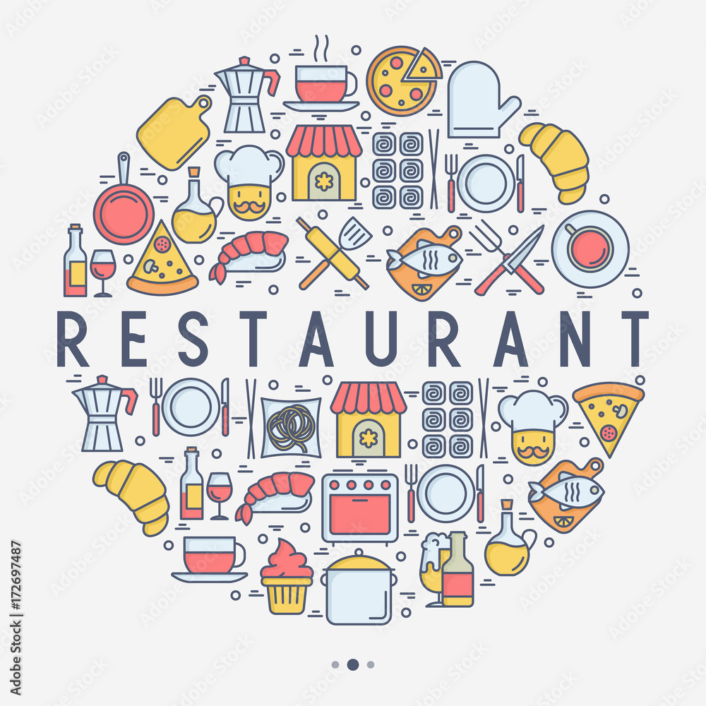 Restaurant concept in circle with thin line icons: chef, kitchenware, food, beverages for menu or print media. Vector illustration for banner, web page.
