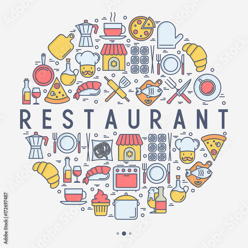 Restaurant concept in circle with thin line icons  chef  kitchenware  food  beverages for menu or print media. Vector illustration for banner  web page.