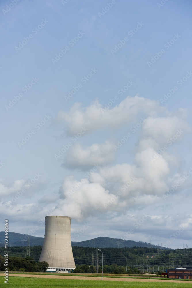 nuclear power plant chimney with landscape mountain meadow green fielw and sky