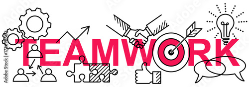 Simple clean conceptional flat line vector horizontal banner of business icons on word TEAMWORK isolated on white background