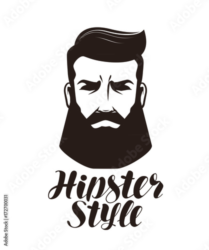 Hipster style. Portrait of bearded man, logo or label. Lettering vector illustration