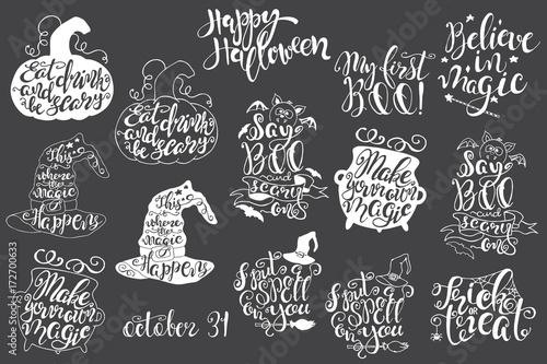 Set with Halloween labels with Hand drawn vector illustrations and quotes