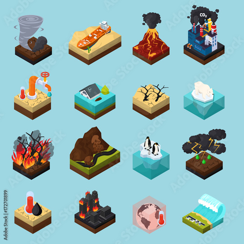 Global Warming Orthogonal Isometric Icons Set