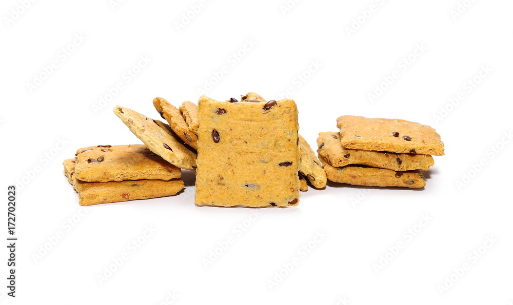 Wholewheat grain snacks with flax seed, sliced isolated on white background Wholewheat grain snacks with flax seed, sliced isolated on white background