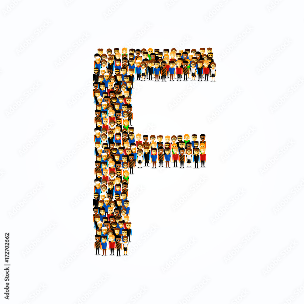 A group of people in the shape of English alphabet letter F on light background. Vector illustration. A group of people in the shape of English alphabet letter F on light background. Vector illustration.