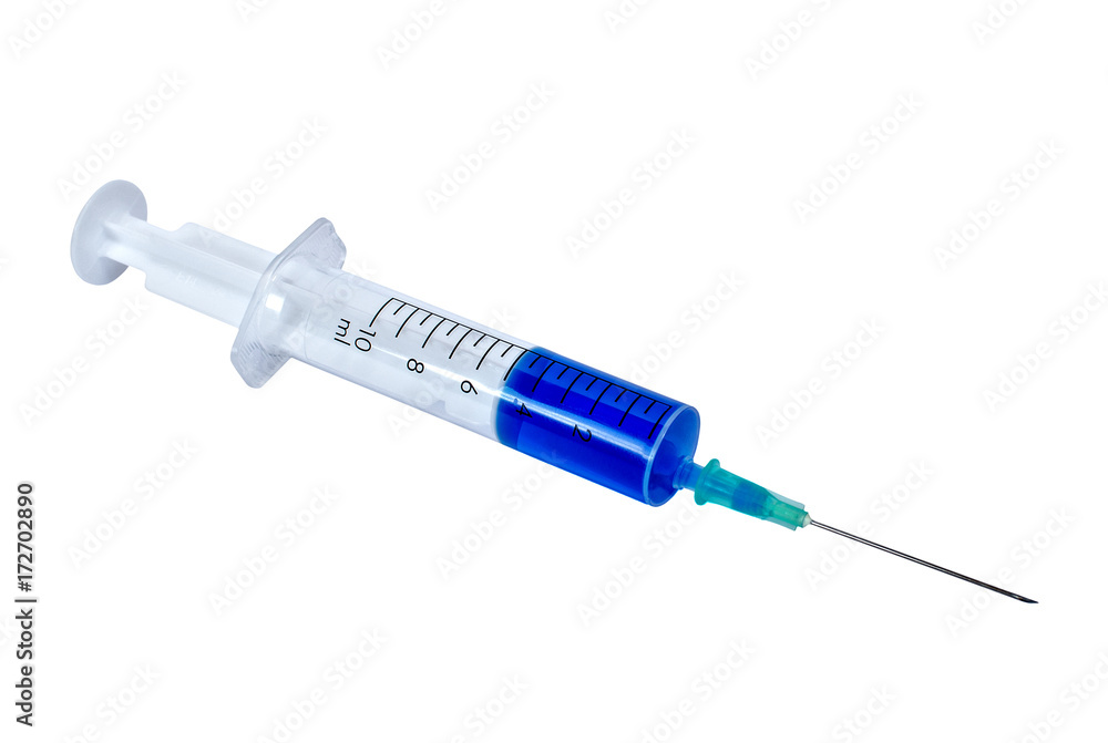 Syringe with blue medication isolated on a white background Syringe with blue medication isolated on a white background