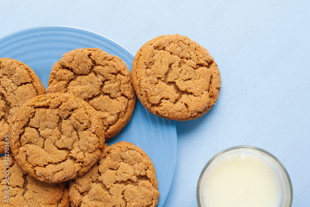 Ginger sparkle cookies and milk. Top down view. Ginger sparkle cookies and milk. Top down view.