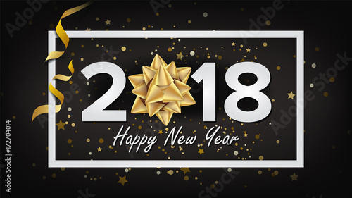 Happy New Year Background 2018 Vector. Realistic Bow. Christmas Greeting Card. Modern New Year Poster, Brochure, Flyer Template Design. Holiday Illustration