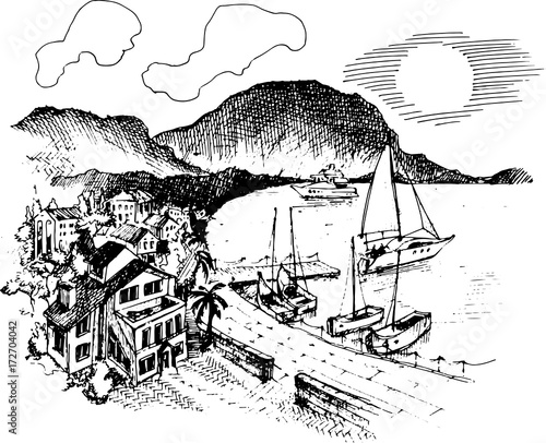 The boat on the waves near the shore. Yacht illustration. Beach view. Black and white landscape. Vector illustration