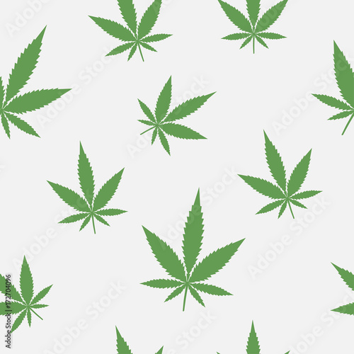 Seamless pattern of leaves of marijuana. Background with cannabis. Medical grass. Vector illustration.