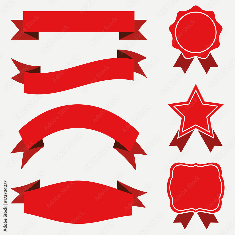 Banners and ribbons, labels set. Red stickers on white background. Vector illustration. Banners and ribbons, labels set. Red stickers on white background. Vector illustration.