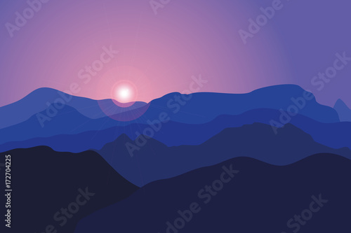 Mountains at sunrise. Vector background with a landscape of blue hills and rocks.