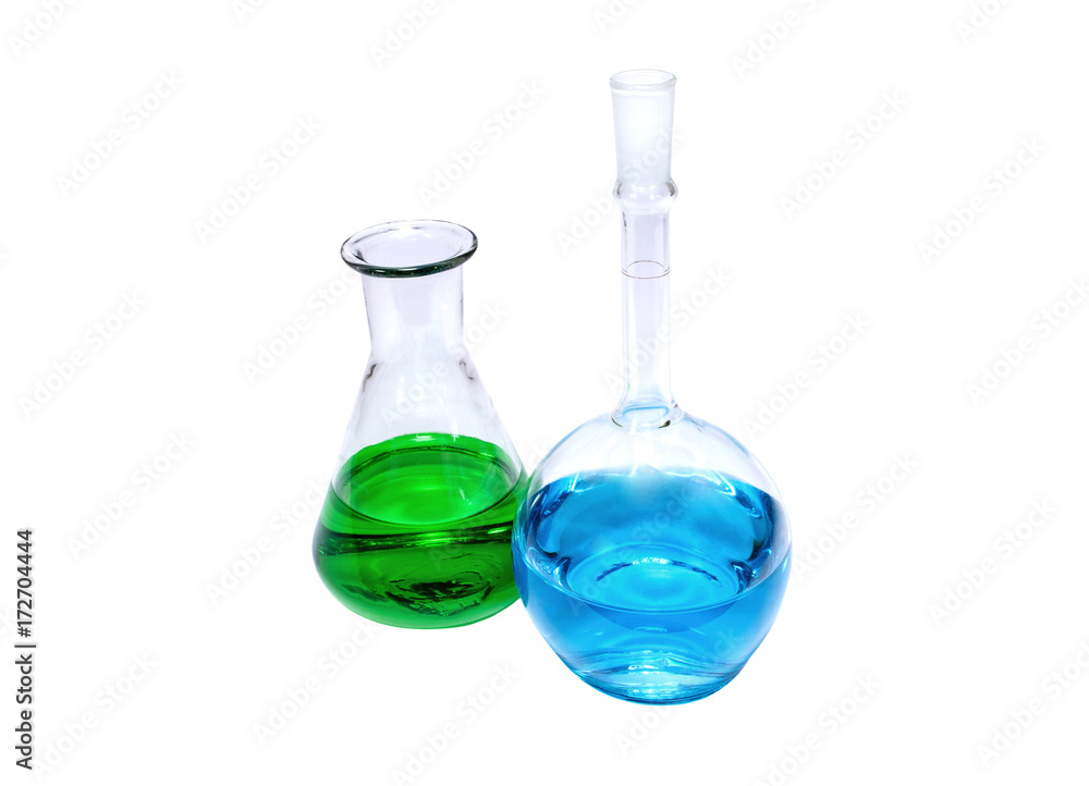 Chemical flasks with green and blue liquid on white background Chemical flasks with green and blue liquid on white background