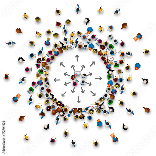 A lot of people stand in a circle on a white background. Vector illustration