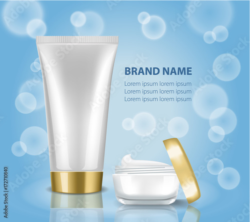 Beauty Care Products Package on the blue background with water bubbles. Mock up cosmetic bottle and tube for cream, gel, liquid, shampoo, foam. 3D Realistic Vector illustration for design, template