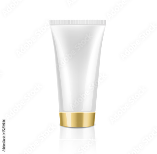 Mock up cosmetic white tube with gold lid for cream. Beauty product package template, vector illustration.