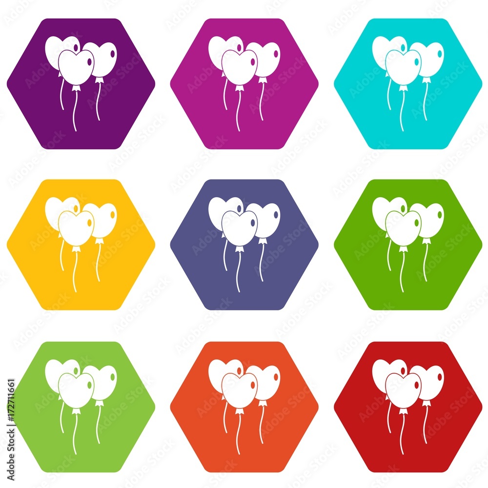 Three balloons in the shape of heart icon set color hexahedron