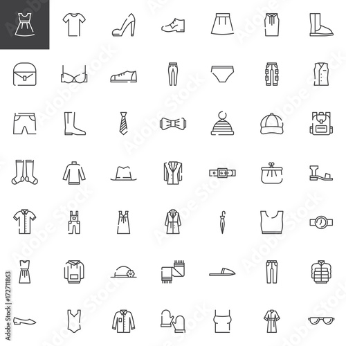 Clothes and accessories fashion line icons set, outline vector symbol collection, linear style pictogram pack. Signs, logo illustration. Set includes icons as clothes dress, shirt, shoes, skirt, hat