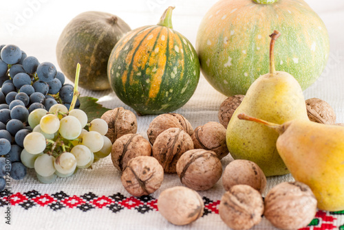 assortment of various fruits and nuts autumn harvest celebration concept photo