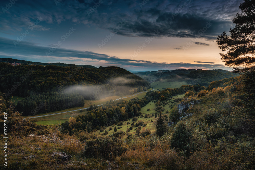 Picturesque Bavarian Autumn Hill Countryside Landscape in September Germany at Sunset