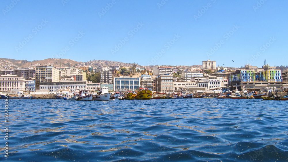 Valparaiso's port and cityscape viewed from the  water