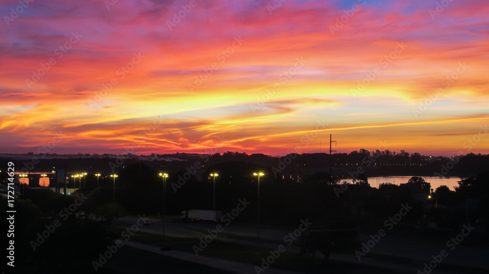 Beautiful and colorful sunset over the city of Uruguaiana, Rio Grande do Sul, Brazil