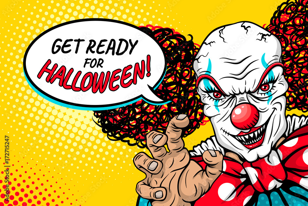 Get ready for Halloween! Evil scary clown monster with big red bow tie smiles, rises his hand and speech bubble. Vector illustration in retro comic style. Bright pop art background. Party invitation.