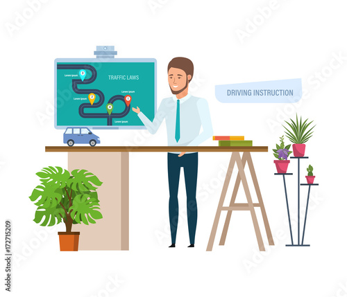 Driving instruction. Driving school or learning to drive, education, interior.