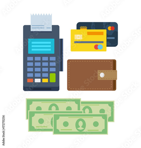 Banking, payment terminal, finance, monetary currencies, gold coins, bank card.