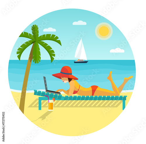 Beach scene. Happy girl lying on the sunbed with laptop. Vector flat illustration.