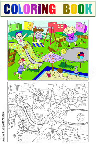 Childrens playground coloring. Vector illustration of black and white