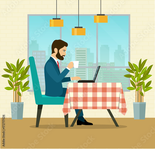 Businessman drinks coffee and looks at laptop by the window in modern cafe interior. Vector flat illustration.