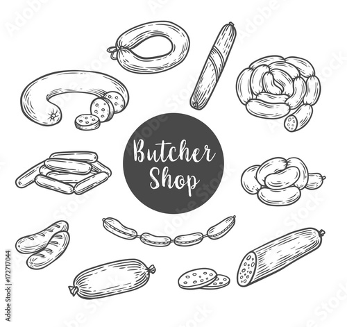 Sketch for butcher shop with wurst and sausage