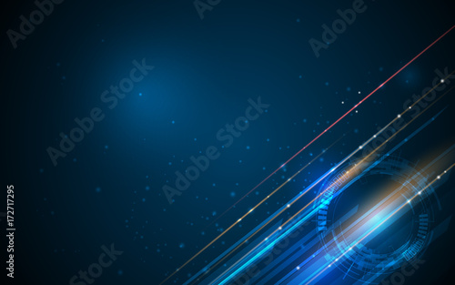 Vector Abstract, science, futuristic, energy technology concept. Digital image of arrow sign, light rays, stripes lines with blue light,speed movement pattern and motion blur over dark blue background