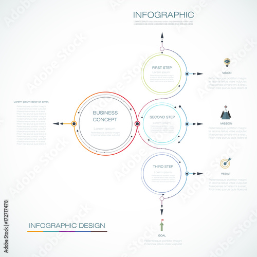 Infographic template, circle design with arrows sign and 3 options or steps. Can be used for business, infograph template, process infographics, diagram chart, flowchart, processes diagram, time line