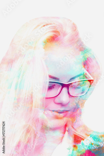 Double exposure of a young beautiful girl. Painted portrait of a female face. Multicolored picture isolated on white background. Female look. Abstract woman face. Watercolor illustration.
