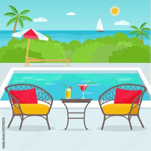 Hotel swimming pool bar, restaurant furniture chairs and table. Vector flat illustration.