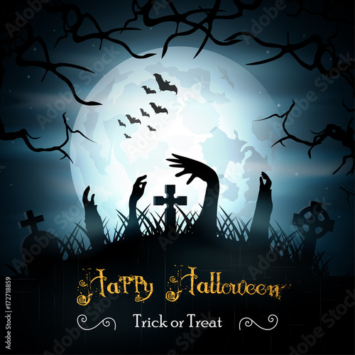 Halloween background with zombies and the moon