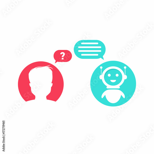 Chatbot concept. Man is asking question to chatbot. User icon and virtual assistent icon chating