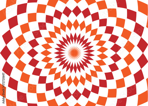 Abstract background design texture with red and orange rounded twirl chequered elements. Creative vector fabric pattern with shapes of small rhombus.