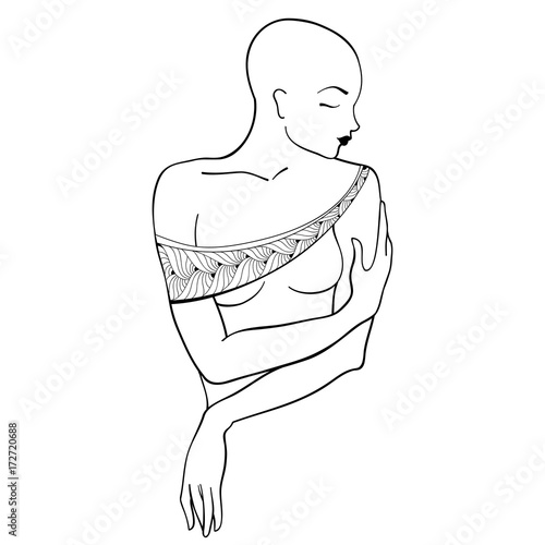 Vector silhouette of bald woman with crossed arms after chemotherapy in black isolated on white background. Design for international health campaign for woman in October.