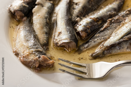 Closeup macro of marinated sardines in oil served on a white plate with a metal fork