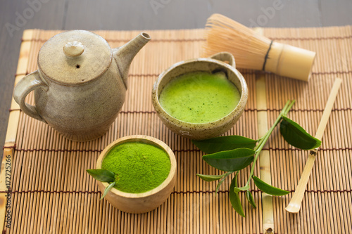 Set of matcha powder bowl wooden spoon and whisk green tea leaf Organic Green Matcha Tea ceremony